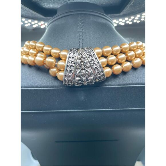 Vintage Multi Strand Champagne Pearl Choker Necklace Magnetic Closure - Picture 2 of 12